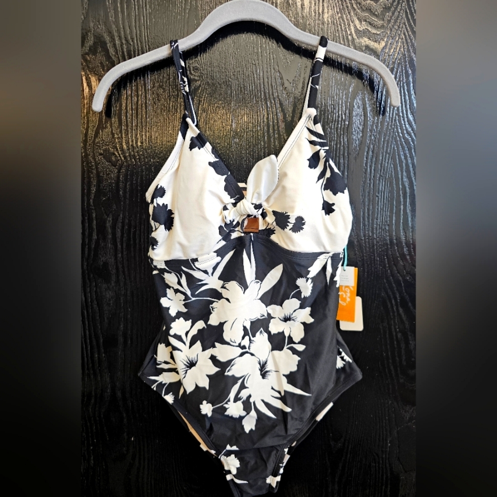 Women's Kona Sol Black and White one-piece bathing suit, Medium